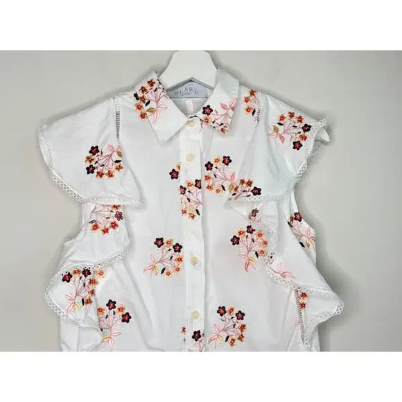 Pearl by Lela Rose Embroidered Floral Ruffle Trim Button-Up Shirt White Small - Picture 3 of 11